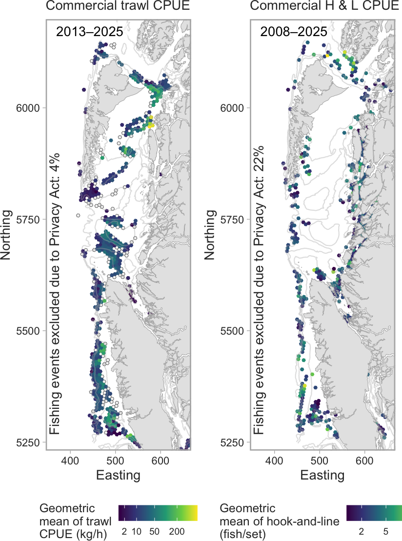 Example commercial trawl and hook-and-line catch per unit effort maps for Pacific Cod